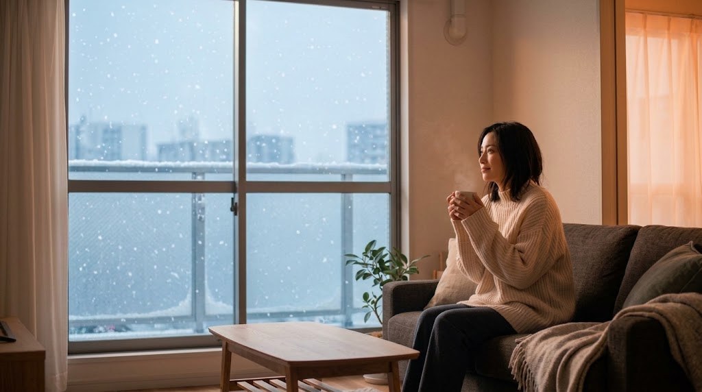 霜が消え、暖かい光の部屋でくつろぐ女性