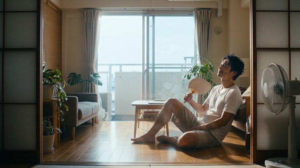 日差しがやわらぎ、涼しげな部屋でくつろぐ男性